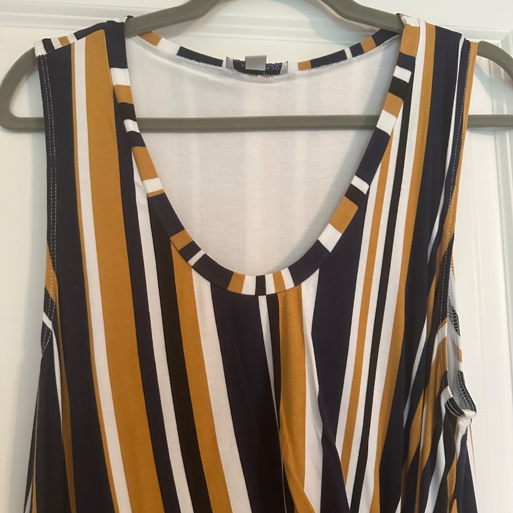 Allison Joy Navy and Gold Stripped Faux Wrap Dress - Picture 2 of 7